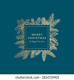 Merry Christmas Abstract Botanical Card with Square Frame Banner and Modern Typography. Premium Blue Background and Golden Greeting Sketch Layout.