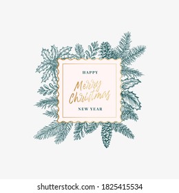 Merry Christmas Abstract Botanical Card with Golden Frame Banner and Modern Typography. Premium Holiday Background Greeting Sketch Layout. Isolated.