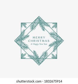 Merry Christmas Abstract Botanical Card with Square Frame Banner and Modern Typography. Premium Greeting Sketch Layout. Winter Holiday Emblem Concept. Isolated.