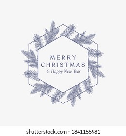 Merry Christmas Abstract Botanical Card with Hexagon Frame Banner and Modern Typography. Premium Greeting Sketch Layout. Winter Holiday Emblem Concept. Isolated.