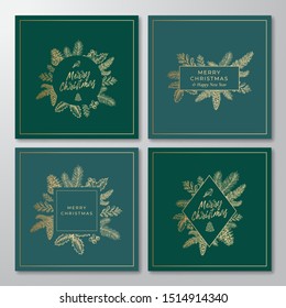 Merry Christmas Abstract Botanical Cards Collection with Rectangle and Circle Frame Banners and Modern Typography. Premium Green Background and Golden Greeting Sketches Layouts Set. Isolated.