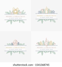 Merry Christmas Abstract Botanical Labels or Cards Collection with Rectangle Frame Banners. Premium Pastel Color Background Greeting Layouts Set. Christmas Sketch Emblems Bundle. Isolated.