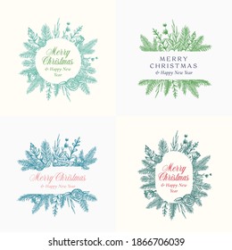 Merry Christmas Abstract Botanical Logos or Cards with Frame Banner and Modern Typography Collection. Hand Drawn Spruce or Pine Branches and Flowers Emblems Set. Greeting Layouts. Isolated.