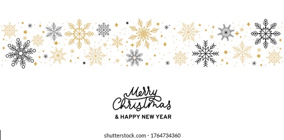 Feliz tarjeta abstracta de Navidad con copos de nieve y letras. Fondo invernal con copos de nieve dorados y negros aislados sobre fondo blanco. Ilustración del vector