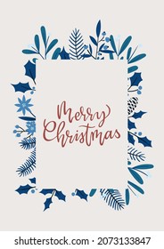 Merry Christmas abstract card with square frame banner and modern handwritten calligraphy. Holly Christmas doodle branches. Blue pastel colors greeting layout.