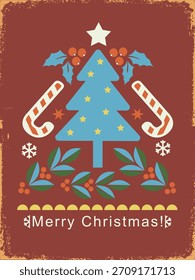 Merry Christmas abstract card vector illustration. Vintage Christmas card with green tree and holiday style decorations on old paper texture