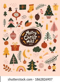 Merry Christmas abstract collection. Vector illustration of Christmas symbols, such as Christmas tree, Christmas ball, sock, mistletoe in trendy flat boho style. Isolated on background 