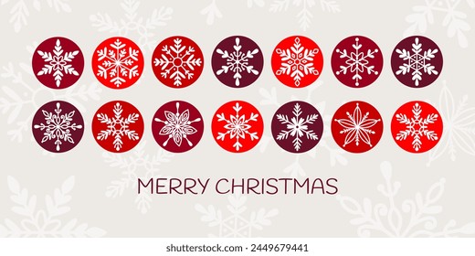Merry Christmas abstract design with snowflakes in round frames. Xmas, celebration concept. For poster, greeting card, flyer, social media. Vector illustration.