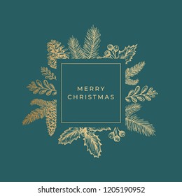 Merry Christmas Abstract Greeting Card with Square Frame Banner and Modern Typography. Golden Glitter Emblem with Sketch Drawings Layout. Premium Green Background.