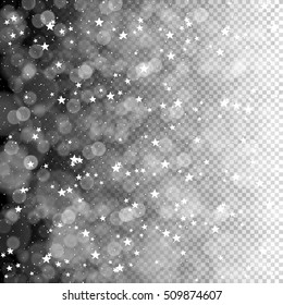 Merry Christmas Abstract Lights Background. Stars and Snowflakes pattern. Isolated on transparent background, easy to use in design projects for holiday, as is postcard, invitations, covers, posters..