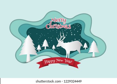 Merry Christmas abstract paper cut illustration of snow and deer. Vector colorful template greeting card in carving art style.