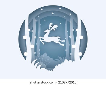 Merry Christmas, abstract paper cut illustration of deer in the forest. snow and stars in the night. Winter season background. Vector illustration.