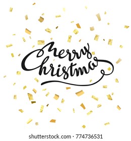 Merry Christmas. Abstract pattern of random gold confetti. Hand drawn invitation. Handwritten modern brush lettering. Colorful celebration background with gold confetti