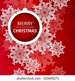 Merry Christmas Abstract red background with snowflakes, paper round ball,garland - tree decorations. Xmas ornaments. Vector illustration - eps10