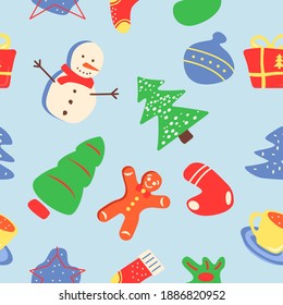 Merry Christmas abstract seamless pattern. Winter season holiday greeting. Geometric flat vector shapes. Wintertime texture with cartoon color icons. Decorative boho design with graphic elements