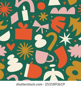 Merry Christmas abstract shape decoration seamless pattern illustration. Retro style winter holiday ornament cartoon texture. Xmas celebration event wallpaper, festive print.