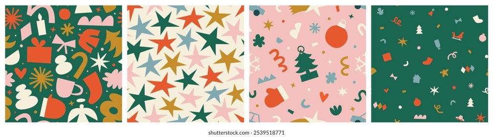 Merry Christmas abstract shape decoration seamless pattern set. Retro style winter holiday ornament cartoon texture. Xmas celebration event wallpaper, festive print collection.