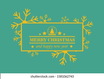 Merry Christmas abstract snowflakes card cover with rectangle frame banner and modern typography. premium green background and golden greeting sketch layout with Christmas tree globe