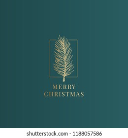 Merry Christmas Abstract Vector Classy Label, Sign or Card Template. Hand Drawn Golden Fir-Needle Branch Sketch Illustration with Vintage Typography. Premium Green Background.