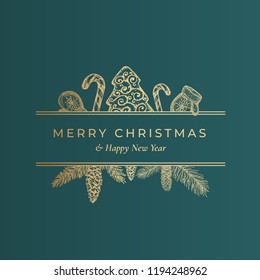 Merry Christmas Abstract Vector Classy Label, Sign or Card Template. Hand Drawn Golden Cookie, Candy Canes and Fir-needle Branche with Strobile Sketches. Vintage Typography. Premium Green Background.
