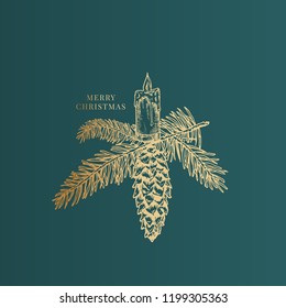 Merry Christmas Abstract Vector Classy Label, Sign or Card Template. Hand Drawn Golden Fir-Needle, Strobile, Mistletoe and Candle Sketch Illustration. Vintage Typography. Premium Green Background.