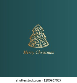 Merry Christmas Abstract Vector Classy Label, Sign or Card Template. Hand Drawn Golden Tree Cookie Sketch Illustration with Vintage Typography. Premium Green Background.