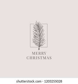 Merry Christmas Abstract Vector Classy Label, Sign or Card Template. Hand Drawn Fir-Needle Branch Sketch Illustration with Vintage Typography. Premium Pink Background.