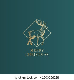 Merry Christmas Abstract Vector Classy Label, Sign or Card Template. Hand Drawn Golden Deer Sketch Illustration with Vintage Typography. Premium Green Background.