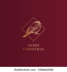 Merry Christmas Abstract Vector Classy Label, Sign or Card Template. Hand Drawn Golden Bullfinch Bird Sketch Illustration with Vintage Typography. Premium Red Background.