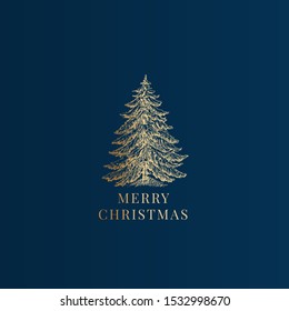 Merry Christmas Abstract Vector Classy Label, Sign or Card Template. Hand Drawn Golden Pine Tree Sketch Illustration with Vintage Typography. Premium Blue Background.