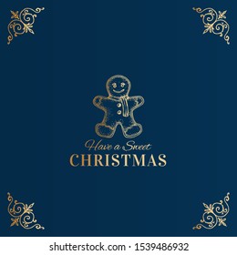 Merry Christmas Abstract Vector Classy Label, Logo or Card Template. Hand Drawn Golden Gingerbread Cookie Sketch Illustration with Typography and Twisted Decorative Corners. Premium Blue Background.