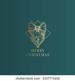 Merry Christmas Abstract Vector Classy Label, Sign or Card Template. Hand Drawn Golden Decorated Rhombus Toy Sketch Illustration with Vintage Typography. Premium Green Background.