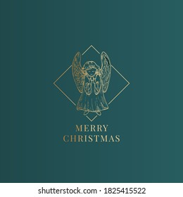 Merry Christmas Abstract Vector Classy Label, Sign or Card Template. Hand Drawn Golden Angel Sketch Illustration with Typography. Premium Green Background.