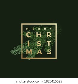 Merry Christmas Abstract Vector Classy Label, Sign or Background Template. Hand Drawn Fir-Needle Spruce Branch Illustration with Golden Framed Typography. Premium Holiday Greeting Card.