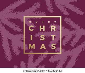 Merry Christmas Abstract Vector Classy Card. Modern Golden Typography in a Minimalism Frame. Purple Background.