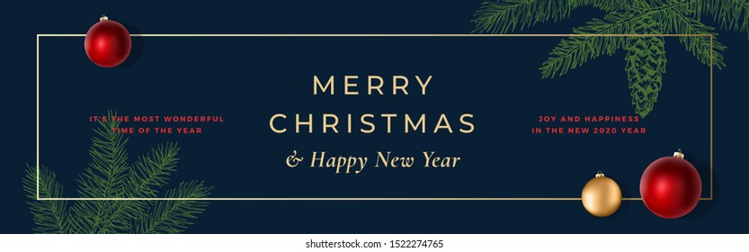 Merry Christmas Abstract Vector Frame Greeting Banner or Holiday Card Background. Banner Size. Classy Colors with Gold Gradient and Typography. Soft Shadows and Sketch Fir-needles Strobile. Isolated.