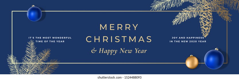 Merry Christmas Abstract Vector Frame Greeting Banner or Holiday Card Background. Banner Size. Classy Colors with Gold Gradient and Typography. Realistic Balls and Sketch Fir-needles Strobile Isolated