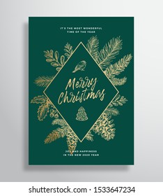 Merry Christmas Abstract Vector Frame Greeting Card, Poster or Holiday Background. Sketch Fir-needles with Strobile, Holly and Mistletoe Branches. Gold Gradient Frame and Typography. Isolated.