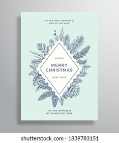 Merry Christmas Abstract Vector Frame Greeting Card, Poster or Holiday Background. Sketch Fir-needles with Strobile, Holly, Mistletoe Branches and Flowers. Gentle Holiday Frame and Typography Isolated