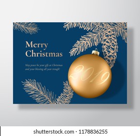 Merry Christmas Abstract Vector Greeting Card, Poster Or Holiday Background. Xmas Ball With Soft Shadows And Sketch Fir-needles With Strobile. Classy Blue And Gold Colors, Glitter And Typography.