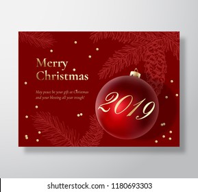 Merry Christmas Abstract Vector Greeting Card, Poster Or Holiday Background. Classy Red And Gold Colors, Glitter Tinsel And Typography. Xmas Ball With Soft Shadows, Sketch Fir-needles With Strobile.