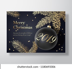 Merry Christmas Abstract Vector Greeting Card, Poster or Holiday Background. Classy Black and Gold Colors, Glitter Tinsel and Typography. Xmas Ball with Soft Shadows and Sketch Fir-needles, Strobile