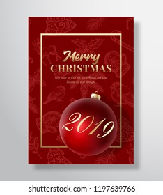 Merry Christmas Abstract Vector Greeting Card, Poster or Holiday Background. Classy Red and Gold Colors, Glitter and Typography. Xmas Ball with Soft Shadows and Sketch Pattern. Isolated.