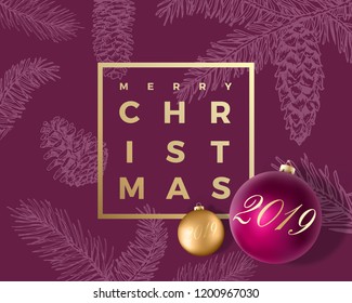 Merry Christmas Abstract Vector Greeting Card, Poster or Holiday Background. Classy Purple and Gold Colors, Glitter and Modern Typography. Xmas Balls with Soft Shadows and Sketch Pattern.