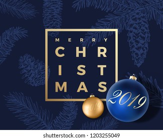 Merry Christmas Abstract Vector Greeting Card, Poster Or Holiday Background. Classy Blue And Gold Colors, Glitter And Modern Typography. Xmas Balls With Soft Shadows And Sketch Pattern.