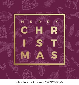 Merry Christmas Abstract Vector Greeting Card, Poster Or Holiday Seamless Sketch Pattern Background. Classy Purple And Gold Colors And Creative Typography In A Frame.