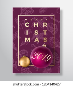 Merry Christmas Abstract Vector Greeting Card, Poster or Holiday Background. Classy Purple and Gold Colors, Glitter and Modern Typography. Xmas Balls with Soft Shadows and Sketch Pattern. Isolated.