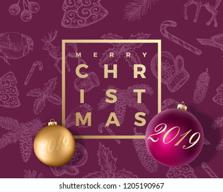 Merry Christmas Abstract Vector Greeting Card, Poster or Holiday Background. Xmas Balls with Soft Shadows and Sketch Pattern. Classy Purple and Gold Colors, Glitter and Modern Typography.