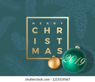 Merry Christmas Abstract Vector Greeting Card, Poster or Holiday Background. Classy Green and Gold Colors, Glitter and Modern Typography. Xmas Balls with Soft Shadows and Sketch Pattern.