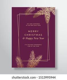 Merry Christmas Abstract Vector Greeting Card, Poster Or Holiday Background. Classy Purple And Gold Colors And Typography. Soft Shadows And Sketch Fir-needles With Strobile. Isolated.